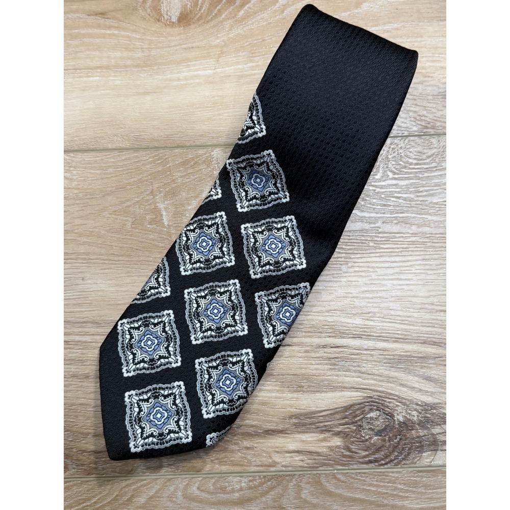 John Frederics‎ VTG Mens Black Geometric Diamond Pattern Polyester Necktie